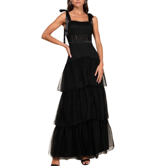 Lulu's Enticing Mystique Black Tulle Tie Strap Maxi Dress Medium - Picture 1 of 11